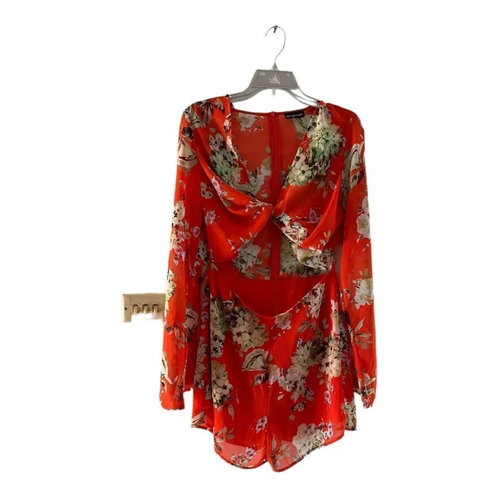 PrettyLittleThing Jaiden Floral Bell Sleeve Cutout Romper Size 12 Orange